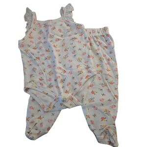 Princess Rose Baby Girl 2pc Set Floral Bodysuit Footed Pants White Pink 6-9M